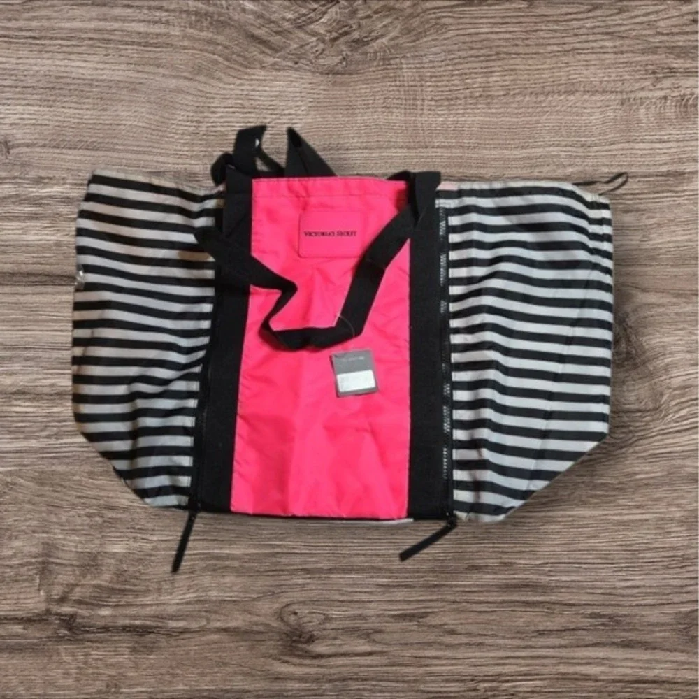Victoria Secret  Zip front PKT Open Tie Top BLK/WH/ Pink Tote Poly Lined Bag NWT